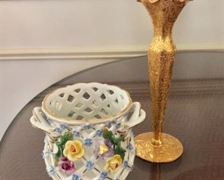$40 /$20 each - Dresden reticulated vase and gold tone bud vase. Dresden vase: SOLD 3.25" H, 3.5" W. Bud vase: approx 6" H.