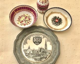 $55 LOT Group of Austrian dishes including lidded box.  B/W plate in front: 4" diam; lidded box 1.5" H.  