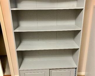 $120 - Vintage gray painted wood shelving unit. 63" H, 36" W, 12" D. - needs new knob on the bottom