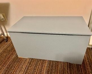 $60 -  Vintage gray painted wood lidded storage chest.  16.5" H, 30.75" W, 16" D. 