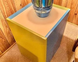 $95 - Painted blue, yellow, white table 27" H, 19.25" W, 17.5" D.
