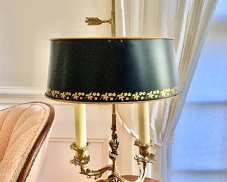 $275 - Classic Bouillotte Brass Table Lamp with Tole Shade #1.  22" H, 10" W, 7.25" D. 
