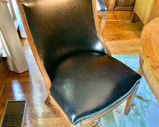 $500 - Pair of black, hobnailed faux leather walnut chairs - Each 36" H, 21.5" W, 25" D, seat height 18".