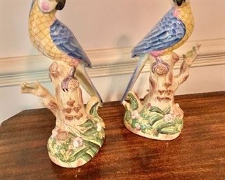 $195 Pair Pierre Deux porcelain blue parrots - AS IS (one has small chip off of branch). Each 11.5" H, 4.5" W, 3" D.