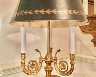$350 - Classic 3-Arm Bouillotte Brass Table Lamp with Tole Shade #2 - 30.5" H, base 9" diam.
