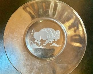 $30 - Etched glass plate with buffalo.  8" diam.  