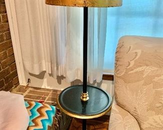 $150 -  Vintage floor lamp with painted black and gold table shelf   55" H,  table 13" diam and 20" H.