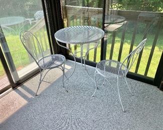 $160 - Cafe table and chairs - 29.5" H, 23" diam.  Pair matching chairs each 32" H, seat 13.75" diam, seat height 16.5".