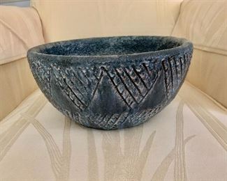 $120 - Vintage heavy stoneware bowl.  5" H, 9.5" diam. 