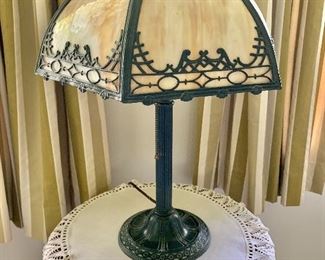 $95 - Slag glass lamp AS IS (one panel missing).  22" H, shade diam 17"