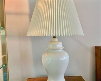$50 ea White ceramic lamp with brass base #1 (2 available).  Each 30" H, 8" diam.