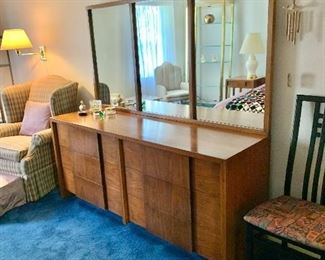 $1,500 - Mid-Century Modern John Widdicomb Burl Walnut Dresser and Mirror - 69.5" L, 30" H, 21" D.  Mirror: 69" W, 36" H. 