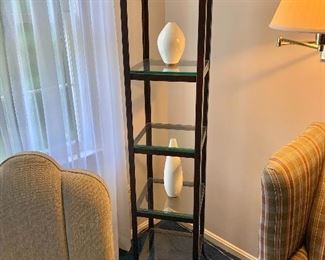 $140 - Black metal and glass etagere.  59" H, 12" W, 12" D. 