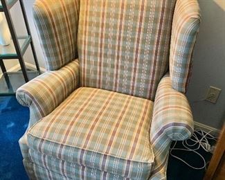 $225 - Ethan Allen plaid upholstered arm chair. 39" H, 33" W, 34" D, seat height 21.5".