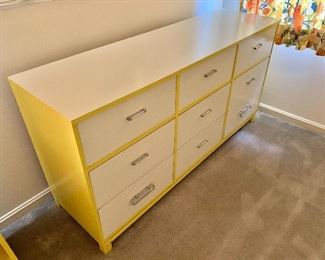 $150 Yellow and white low dresser AS IS door pulls missing . 31" H, 60" W, 18" D.