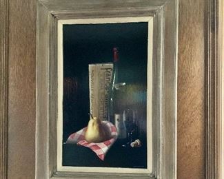 $795 McDerman signed Still Life with Pear and Wine Bottle, oil  27.5” H x 19.5” W