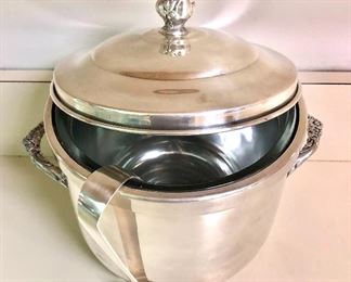 $25 Silver plate ice bucket with tongs.  9" H, 7.25" diam.