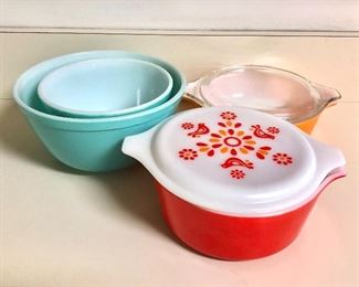 $15 ea  mixing bowls storage containers  Right front covered bowl, blue pyrex bowls   SOLD 3" H, 6.25" diam. Orange Pyrex with top available. 