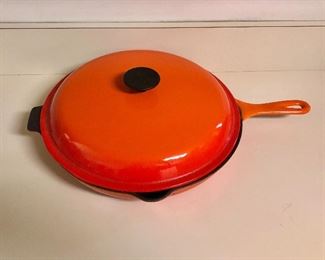 $95 - Le Creuset covered enameled cast iron frying pan.  4" H, 12" diam.