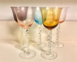 $30 Set of 5 multi-colored stemmed sherry or wine glasses.  Each 6.75" H, 2.75" diam.