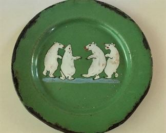 $25 Vintage green metal plate with 4 polar bears.  7.25" diam.