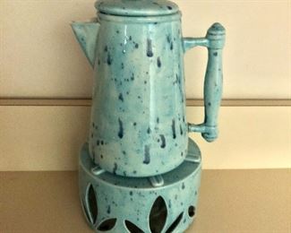 $40  Signed Vintage spackled coffeepot with warmer.  7" H, 5.5" diam.