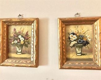 $40 ea Pair small floral arrangements framed. Each 5" H x 4" W.