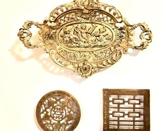$50 Top (14.5" W x 9.5" H), $20 ea bottom brass items (left: 5.5" diam, right: 5.5" square) Top tray SOLD