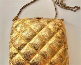 $75 Harry Rosentfeld Made in Italy gold gilt metal quilt signed purse 5.5" H, 5.5" W, 3" D. 