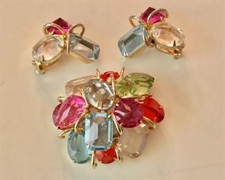 $35 Set vintage multi color pin and earrings (clip) set.  Brooch approx 2.25" diam.  Earrings 1.5" diam