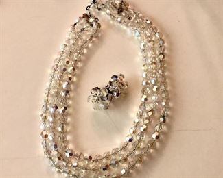 $30 Crystal 3 strand necklace and clip earrings set.  Necklace approx 16" L.  Earrings 1" L. 