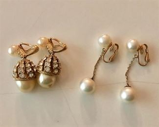 $10 each pearl and gold tone earrings.  Left: 1.5" L.  Right: 1.75" L. 