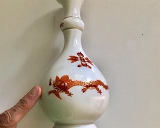 $125 Meissen red orange dragon vase 7" H , approx 3.5" wide