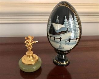 $30 ea  Balatresi gold tone Cherub on alabaster, Russia painted egg 