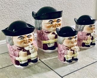 Vintage “The Haldon Group” Ceramic Colonial Toby Figural Cannister Set: 4 pieces 1981 JAPAN
A VERY RARE 4 PC. CANISTER SET MADE BY HALDON GROUP IN 1981. THIS COMPANY WENT OUT OF BUISNESS IN THE EARLY 1990's. THE SET WAS MADE IN JAPAN. 
Four piece graduated figural canister set is shaped like a TOBY.  
Large, Heavy, hand painted ceramic set with a shiny glaze and colorful details.
Approx sizes:  9.5” H x 6.5” deep, 7.5” H x 5.75” deep, 6.5” H x 4.5” deep, 5.5” H x 3.75” deep.
The tops/rims are free chips with except the hat of the largest piece has a chip on the underside of the hat. It is very hard to see as it is black like the glaze. You basically have to feel it. (See photos)
The Haldon Group 1981 is embossed on the base of each piece. 

