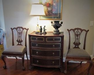 Maitland-Smith Chest , Side Chairs, Marble Urn....La Barge Lamp