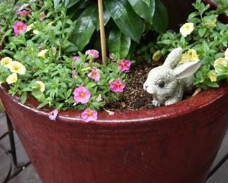 red planter, bunny rabbit
