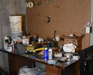 tools, crafting supplies, desk