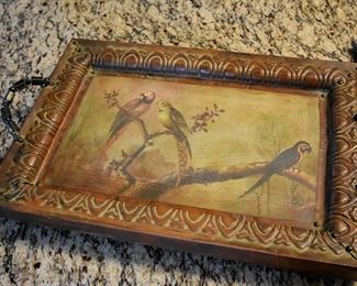 painted metal tray, parrots