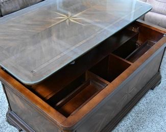 coffee table with custom glass top, top lifts to "dinner position", storage (view: front, or back if standing between the TV and coffe table/open)
