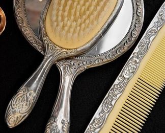 silver mirror, comb, brush set