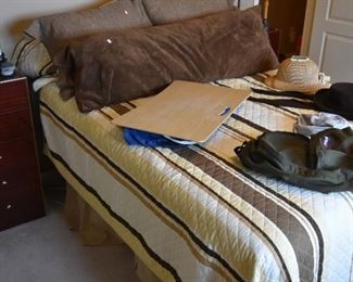 bed, dresser, nightstand, hats