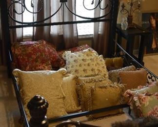 iron bed, pillows