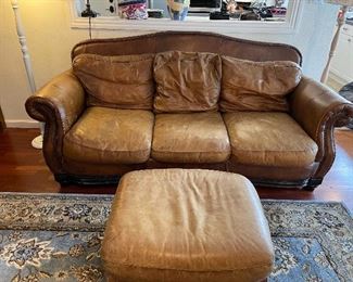 Brown Leather Sofa, Ottoman