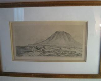 Mt Fuji pencil/etching, signed Wendy Collins 1974