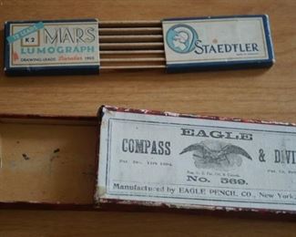 Vintage collectors boxes including EAGLE Compass and Divider