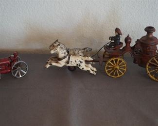 Vintage Cast Iron tractor and Fire wagon with horses