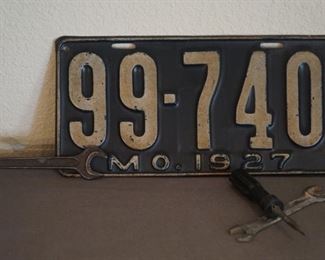 Missouri 1927 License plate and Mercedes  Benz wrench with various vintage tools