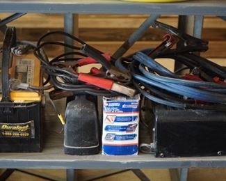 Misc batteries including Duraslast, jumper cables, battery chargers
