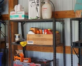 Chemicals, yard products, chemical sprayer,shelf, and misc